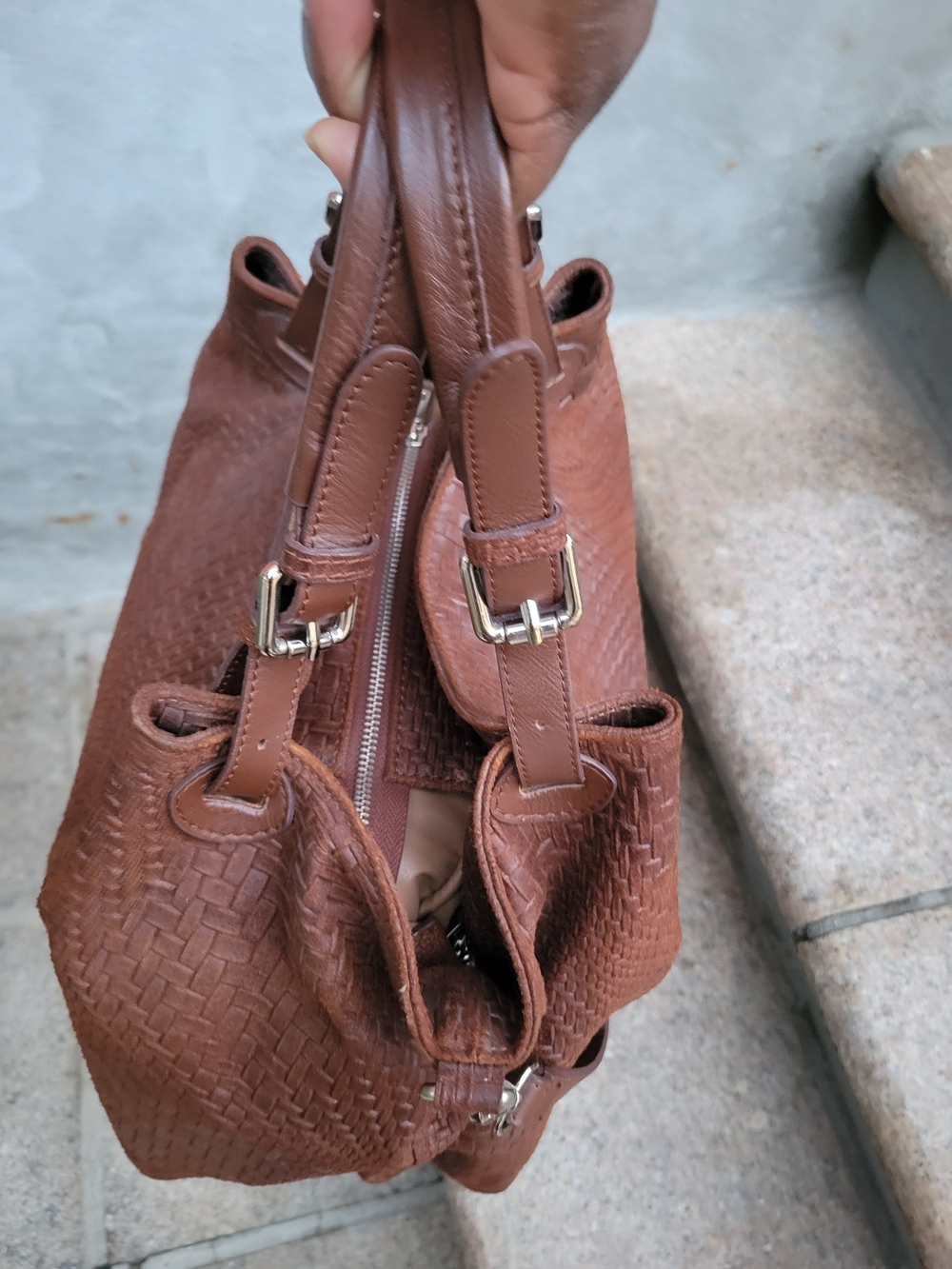 Italian Tulipani Woven Leather Satchel Shoulder Bag Brown Large Made in Italy - Picture 12 of 14